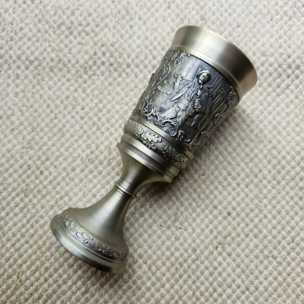 PEWTER Art 3D Hunting Scene Wine GOBLET Man smoking Pipe Deer Stag Leaf Chalice